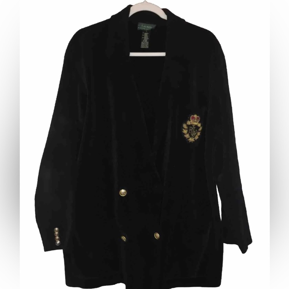 VTG RALPH LAUREN BLACK CORD CHENILLE BULLION CREST DOUBLE BREASTED JACKET CARDI